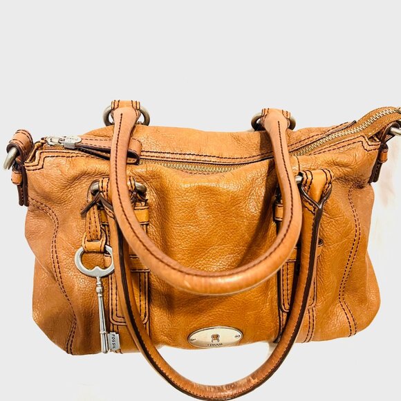 Fossil Vintage Camel/Brown Tote/Satchel Purse Bag-Soft Glove Leather-Roomy-Zip - Picture 11 of 15